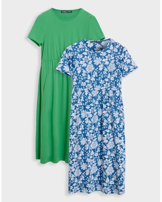 Threadbare Blue 2 Pack Pure Cotton Midi Smock Dresses With Pockets