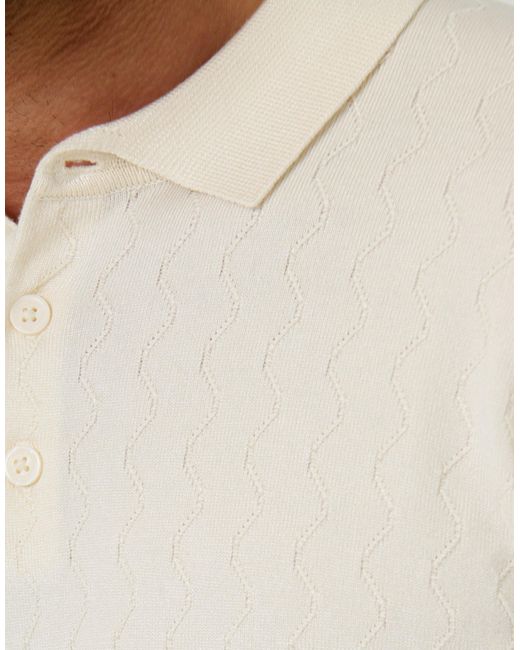 Threadbare White Zig Zag Stitch Knitted Polo for men