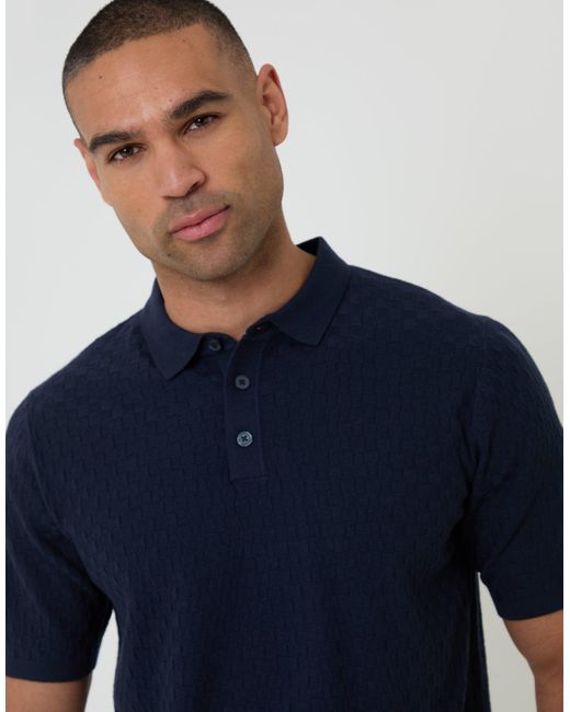 Threadbare Blue Basket Stitch Knitted Polo for men