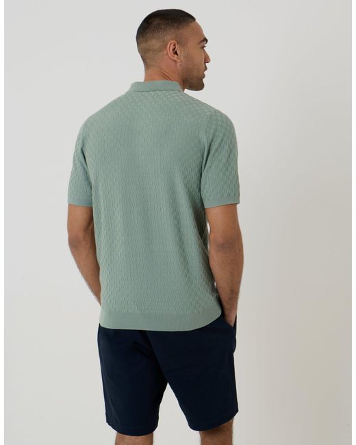 Threadbare Green Basket Stitch Knitted Polo for men