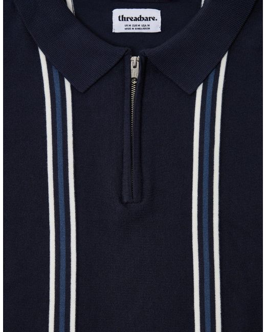 Threadbare Blue Quarter Zip Knitted Polo for men