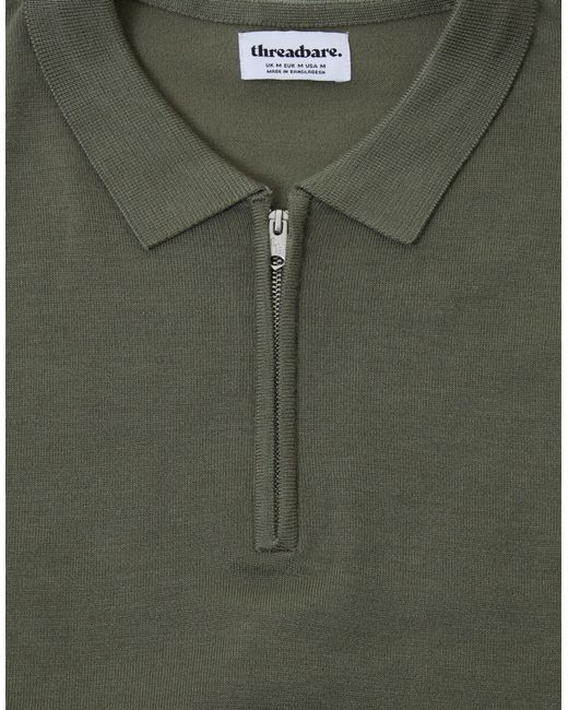 Threadbare Green Quarter Zip Knitted Polo for men