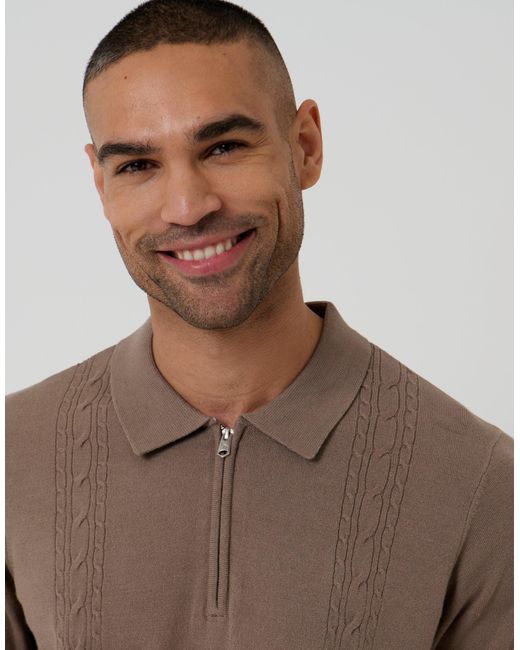 Threadbare Brown Cable Knit Quarter Zip Polo for men