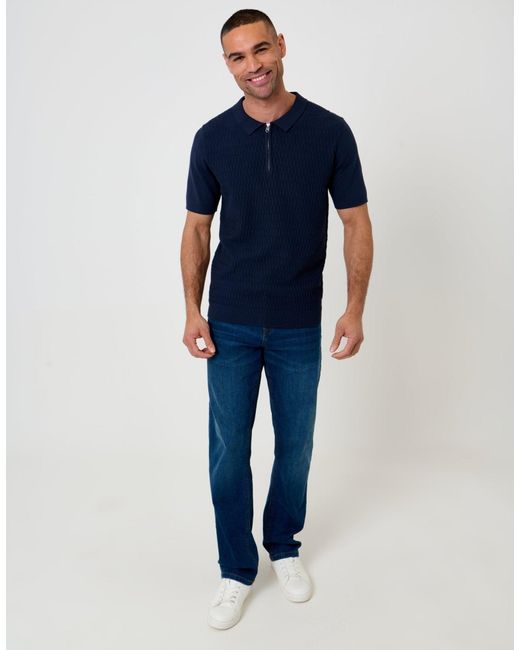 Threadbare Blue Textured Knit Quarter Zip Polo for men