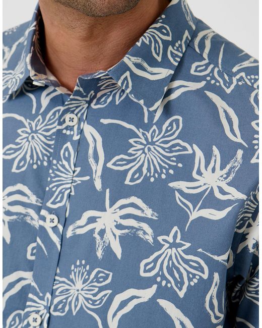 Threadbare Blue Tropical Print Cotton Poplin Short Sleeve Shirt for men