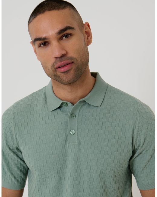 Threadbare Green Basket Stitch Knitted Polo for men
