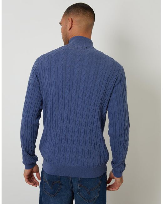 Threadbare Blue Cable Knit Quarter Zip Jumper for men