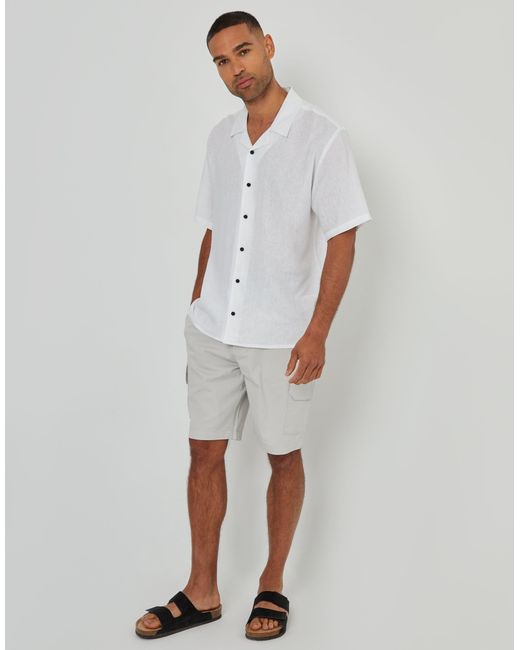 Threadbare White Relaxed Fit Linen Blend Revere Collar Short Sleeve Shirt for men