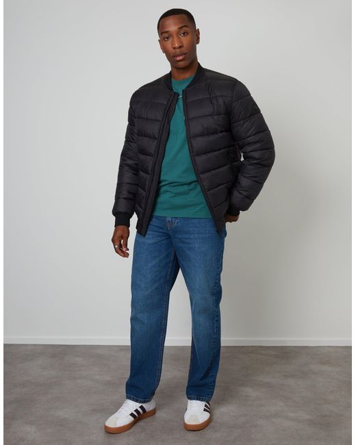 Threadbare Blue Quilted Bomber Jacket for men