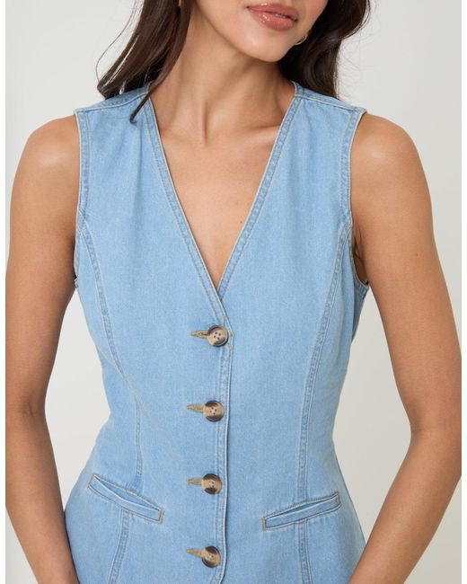 Threadbare Blue Denim Longline V-Neck Waistcoat