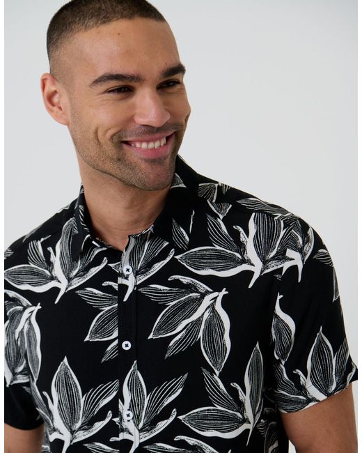 Threadbare Black Leaf Print Short Sleeve Shirt for men