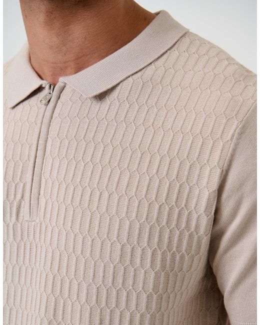 Threadbare Natural Textured Knit Quarter Zip Polo for men