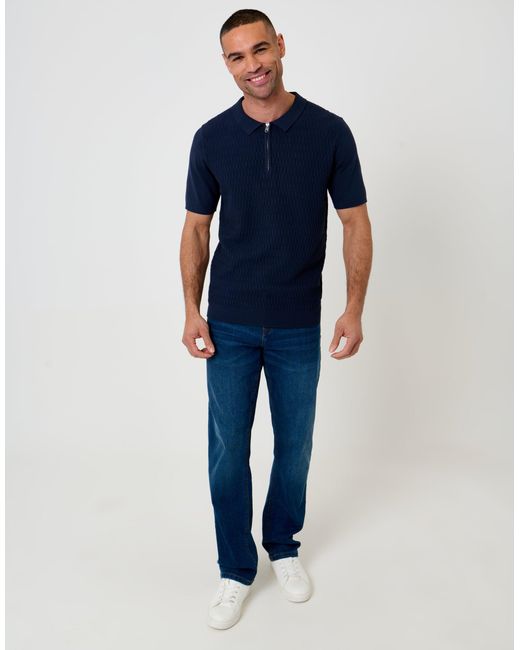 Threadbare Blue Textured Knit Quarter Zip Polo for men