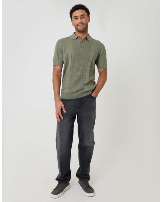 Threadbare Green Textured Stripe Knitted Polo for men