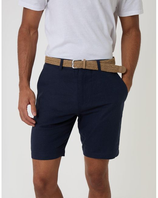 Threadbare White Regular Fit Linen Blend Shorts With Belt for men