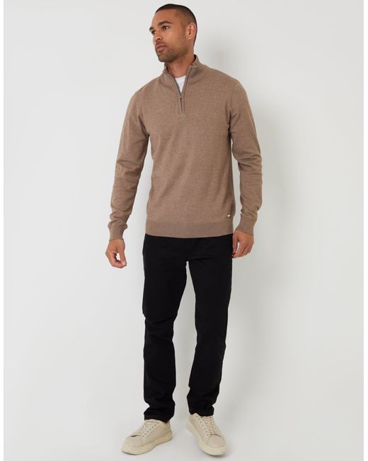 Threadbare Brown Funnel Neck Quarter Zip Knitted Jumper for men