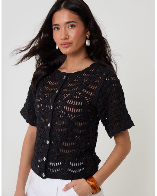 Threadbare Black Crochet Button Up Top