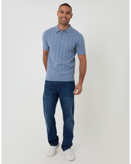 Threadbare Blue Cable Stripe Knitted Button Polo for men