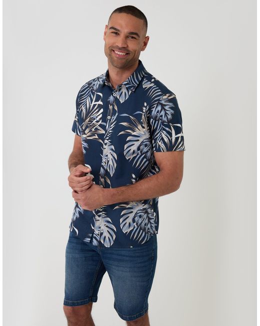 Threadbare Blue Leaf Print Cotton Poplin Short Sleeve Shirt for men