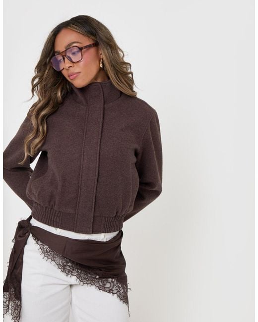 Threadbare Brown Faux Wool Funnel Neck Bomber Jacket