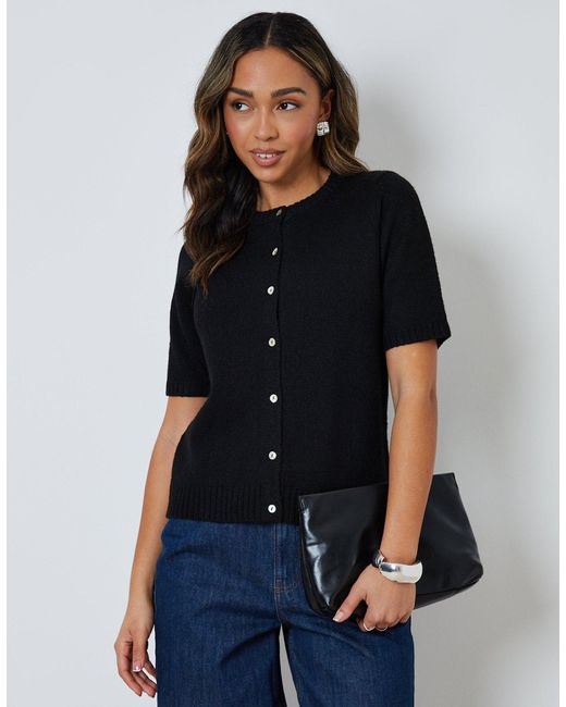 Threadbare Black Crew Neck Short Sleeve Knitted Cardigan