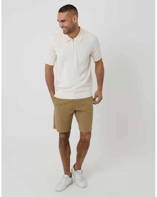 Threadbare White Cable Knit Quarter Zip Polo for men