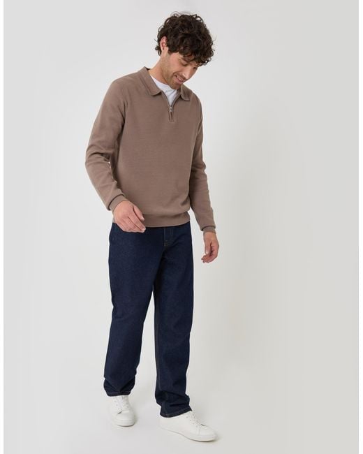 Threadbare Brown Boxy Fit Quarter Zip Polo Sweatshirt for men