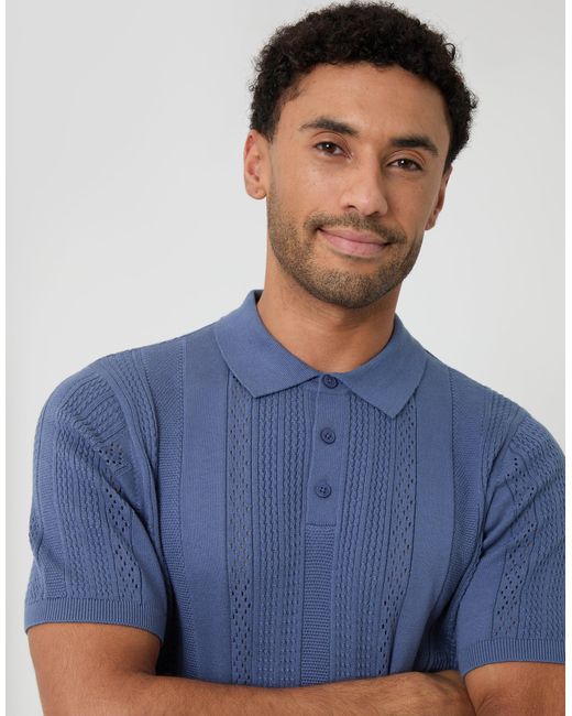 Threadbare Blue Textured Stripe Knitted Polo for men