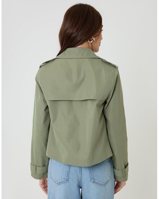 Threadbare Green Double Breasted Cropped Trench Coat