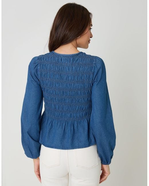 Threadbare Blue Denim Shirred Smock Blouse