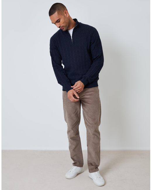 Threadbare Blue Cable Knit Quarter Zip Jumper for men