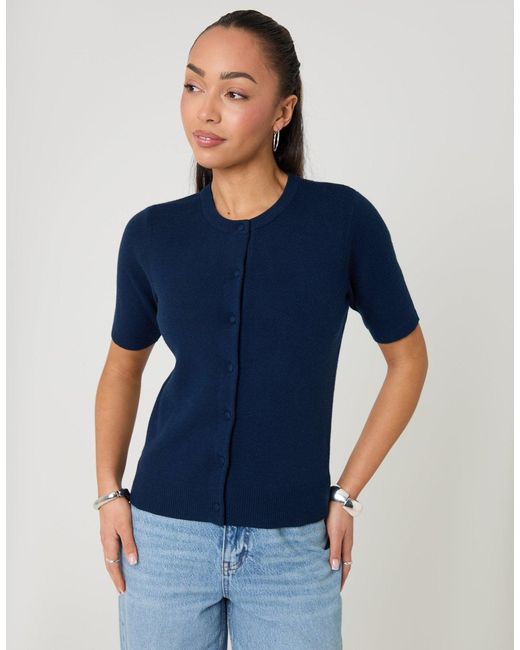 Threadbare Blue Jacquard Knit Short Sleeve Cardigan
