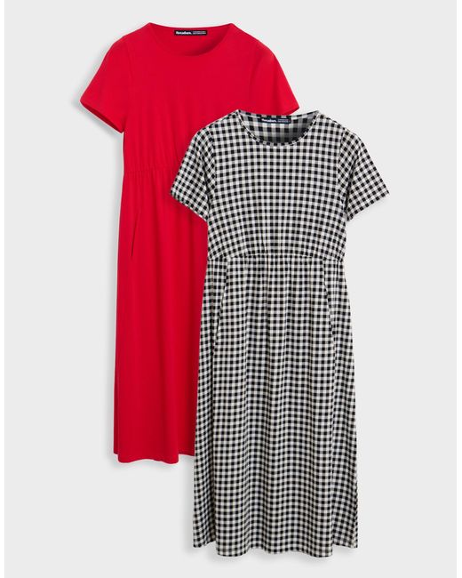 Threadbare Red 2 Pack Pure Cotton Midi Smock Dresses With Pockets