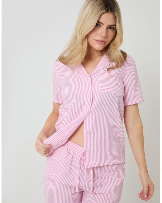 Threadbare Pink Seersucker Button Up Pyjama Set