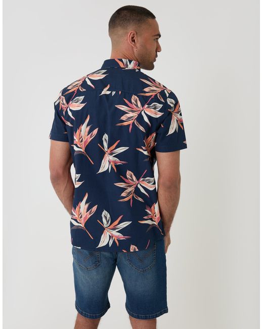 Threadbare Blue Tropical Leaf Print Cotton Short Sleeve Shirt for men
