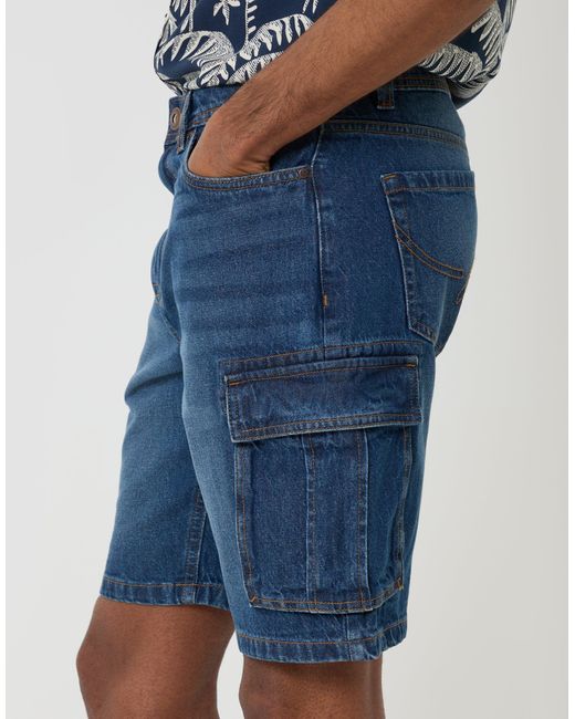 Threadbare Blue Regular Fit Denim Cargo Shorts for men