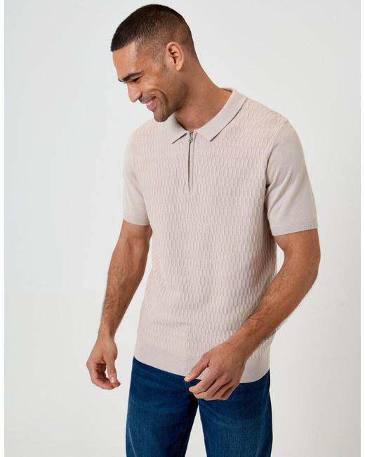 Threadbare Natural Textured Knit Quarter Zip Polo for men