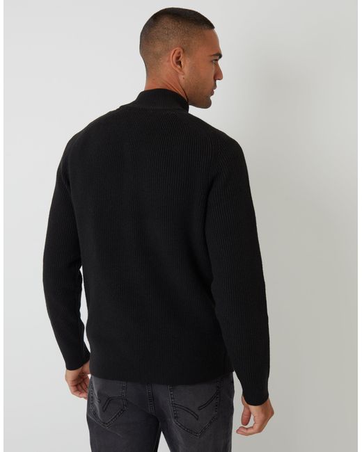 Threadbare Black Rib Panel Quarter Zip Knitted Jumper for men