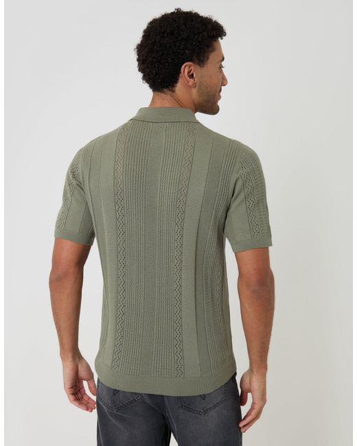 Threadbare Green Textured Stripe Knitted Polo for men