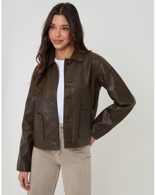 Threadbare Brown Faux Leather Cropped Button Up Jacket