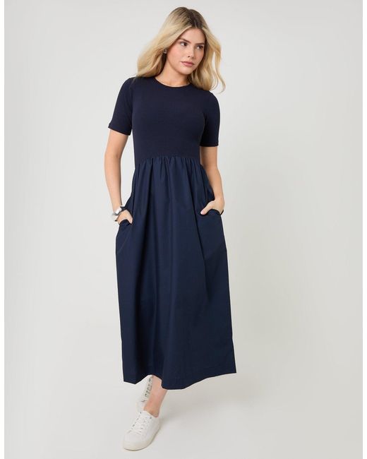 Threadbare Blue 2-In-1 Jersey Poplin Mix Crew Neck Midi Dress