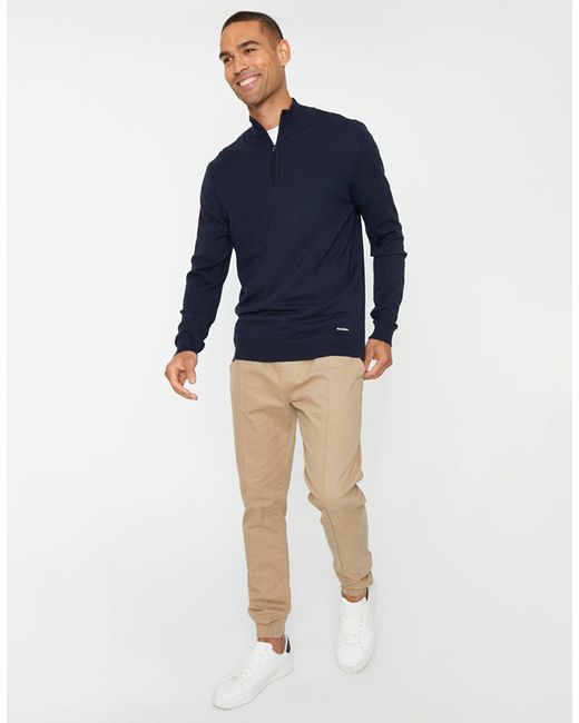 Threadbare Blue Funnel Neck Quarter Zip Knitted Jumper for men