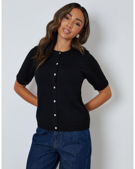 Threadbare Black Crew Neck Short Sleeve Knitted Cardigan
