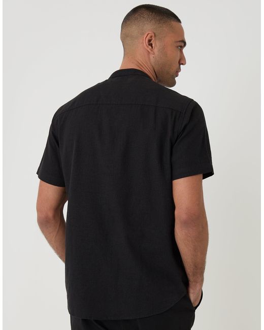 Threadbare Black Grandad Collar Linen Blend Short Sleeve Shirt for men