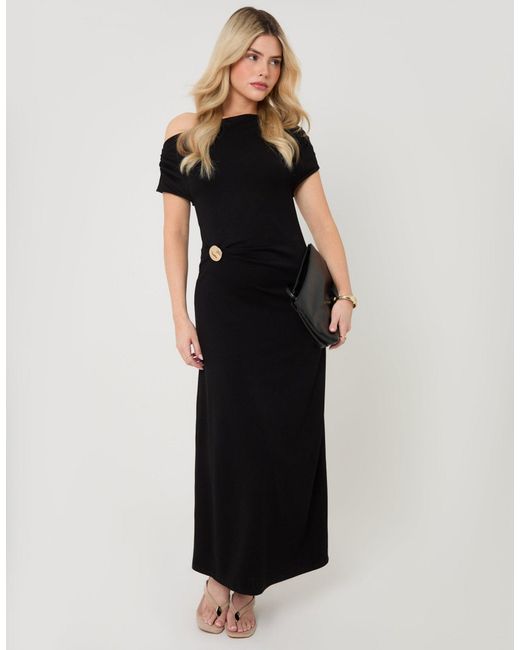 Threadbare Black Petite Off Shoulder Draped Jersey Maxi Dress