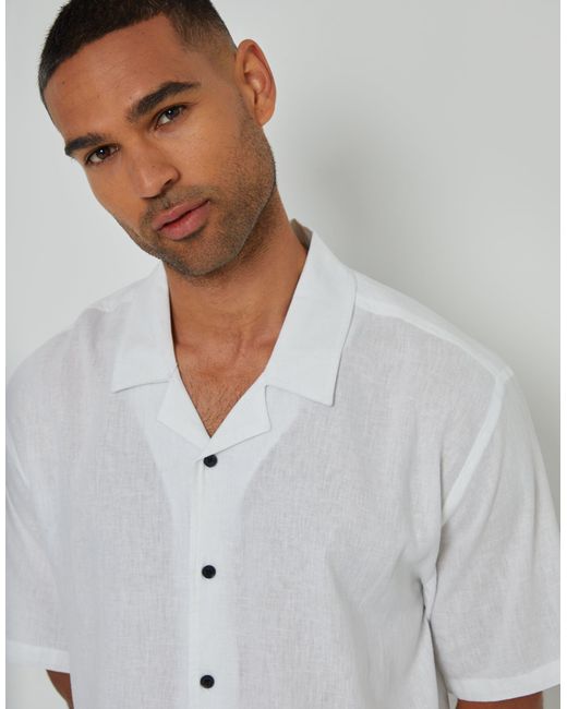 Threadbare White Relaxed Fit Linen Blend Revere Collar Short Sleeve Shirt for men