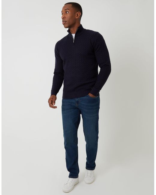Threadbare Blue Textured Cable Knit Quarter Zip Jumper for men