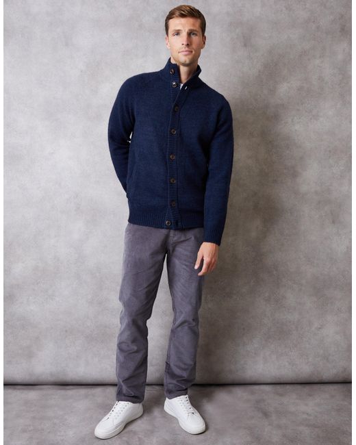 Threadbare Blue Funnel Neck Button Up Knitted Cardigan for men
