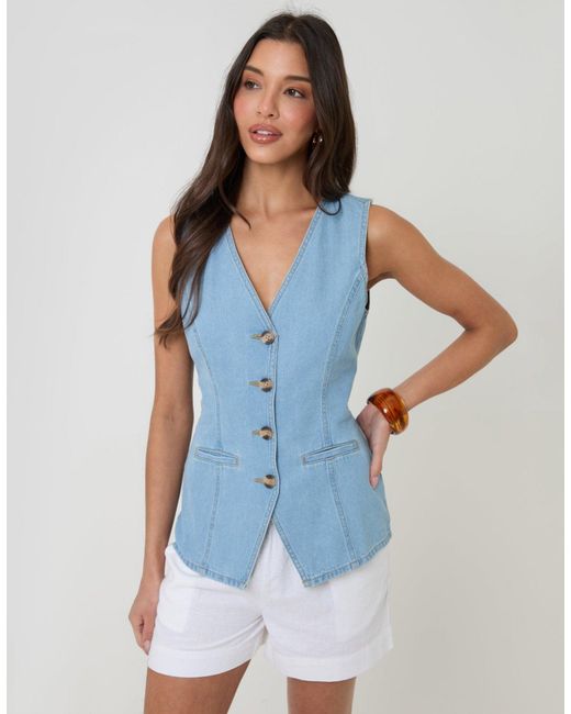 Threadbare Blue Denim Longline V-Neck Waistcoat