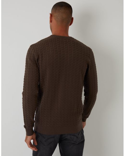 Threadbare Brown Cable Knit Crew Neck Jumper for men